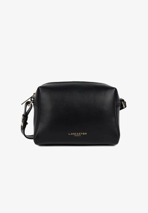 Black rectangular leather crossbody bag with gold zipper and "LANCASTER PARIS" logo in gold lettering on front.