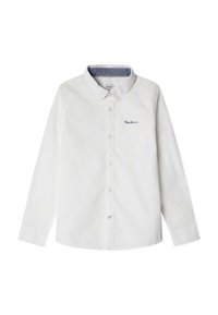 Camicia bianca a maniche lunghe con colletto in denim, dotata di un sottile logo blu sul davanti e chiusura con bottoni classica.