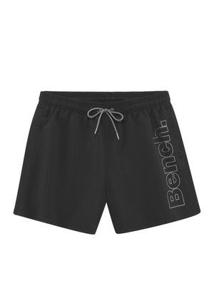 Zwarte zwembroek met elastische tailleband en grijze trekkoord, met verticale "Bench."-logo op het rechterbeen.