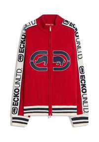 Red knit zip-up sweater with navy and white stripes at cuffs and hem, featuring a graphic design of a rhino and a bear on the front.