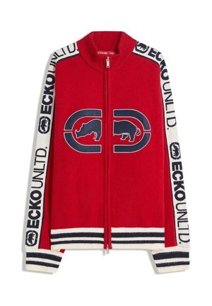 Rød strikket zip-up sweater med marineblå og hvide striber ved manchetter og kant, prydet med et grafisk design af en næsehorn og en bjørn på fronten.