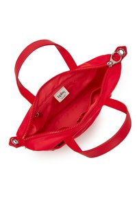 Red, soft nylon handbag with a zip closure, top handles, and interior pockets. Features a small interior label and shiny silver hardware.