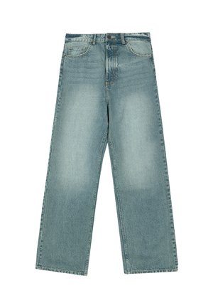 Lichtblauwe rechte spijkerbroek met vervaging op de dijen en klassiek ontwerp met vijf zakken, knoopsluiting in de taille.