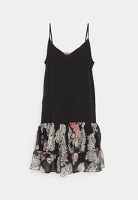 Μαύρο αμάνικο φόρεμα με V-ντεκολτέ, με ρίγες από λουλούδια σε ροζ και λευκούς τόνους. Μαλακό υλικό και ελαφρύ.