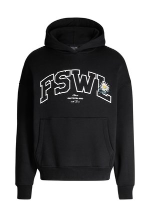 Schwarzer Kapuzenpullover aus einer Baumwollmischung. Mit großen weißen "FSWL"-Buchstaben, dem Text "From Switzerland with Love" und einem bestickten floralen Detail.
