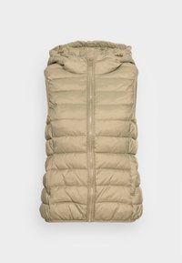 Beige Steppweste mit Reißverschlussfront, Kapuze und gestepptem Muster. Verfügt über seitliche Taschen und ein elegantes, schlankes Design.