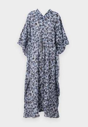 Lightweight, sheer kimono with a floral pattern in blue and black. Features wide sleeves and a gathered waist with a tie closure.