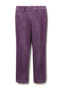 Fialové kordové kalhoty s běžným páskem, poutky na opasek, pěti kapsami a viditelným švem podél švů.