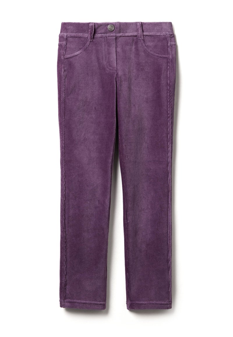 Fialové kordové kalhoty s běžným páskem, poutky na opasek, pěti kapsami a viditelným švem podél švů.