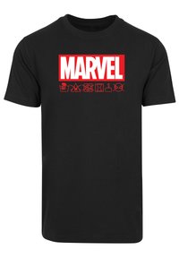 Černé bavlněné tričko s velkým červeným logem "MARVEL" a různými symboly údržby potištěnými níže. Krátké rukávy, kulatý výstřih.