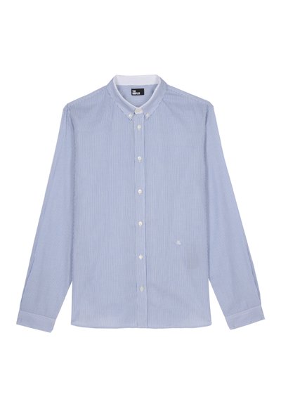 Blauw-witte gestreepte longsleeve shirt met een button-down kraag en een sluiting met knopen aan de voorkant. Katoenen stof, klein logo op de linkerborst.