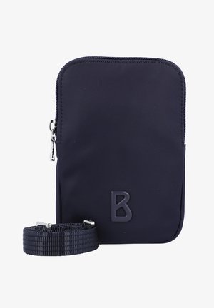 Borsa in nylon blu navy con superficie testurizzata, forma rettangolare, chiusura frontale con zip e tracolla. Presenta una lettera "B" in rilievo sulla parte anteriore.