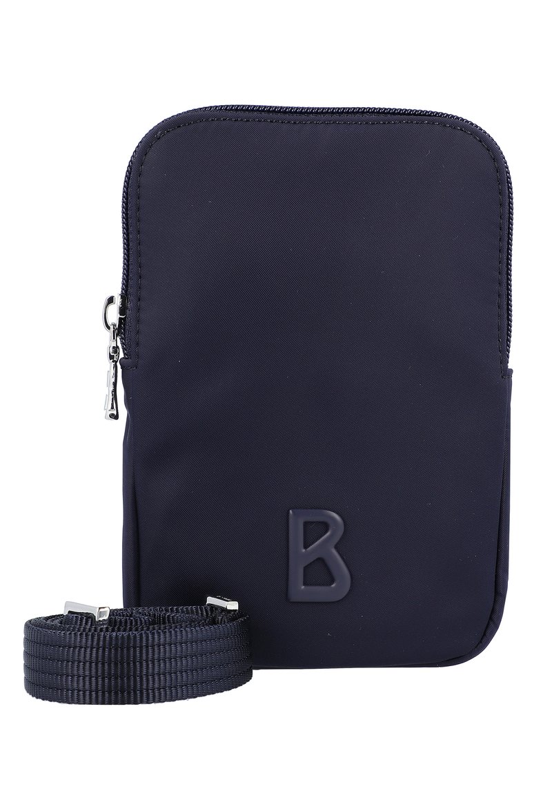 Marineblaue Nylon-Tasche mit strukturiertem Oberflächen, rechteckiger Form, Frontreißverschluss und einem Schultergurt. Mit einem auffälligen geprägten Buchstaben "B" auf der Vorderseite.