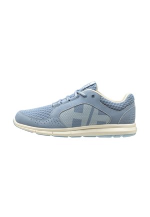 Light blue athletic shoe featuring a mesh upper, perforated detailing, and a textured heel. Soft soles with a contrasting cream outsole.