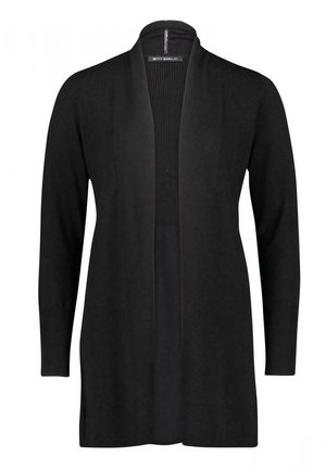 Cardigan noir à manches longues et devant ouvert avec des détails côtelés sur les épaules et les poignets, longueur genou, en tissu tricoté doux.