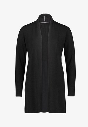 Sort langærmet cardigan med åben front og ribdetaljer på skuldre og manchetter, knælængde, lavet af blødt strikstof.