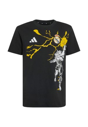 Black cotton t-shirt featuring a yellow lightning design, Real Madrid logo, and a graphic of a muscular character in white.