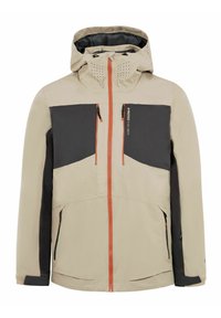 Beige en donkergrijze waterdichte jas met capuchon, ritssluiting, twee voorzakken en oranje accenten langs de rits en ventilatiegaten.