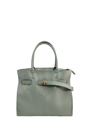 Borsa in pelle verde chiaro con due manici, una cinghia frontale con una fibbia dorata e una piccola toppa con il logo sul lato.