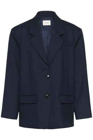 Σκούρο μπλε σακάκι ναυτικού τύπου με δύο μαύρα κουμπιά, γιακά με σχισμή, τσέπες με καπάκι και μια τσέπη στο στήθος, εμφανίζεται σε απλό φόντο.