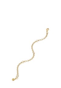 Gold chain bracelet with round links and lobster clasp, featuring a small circular charm at one end.
