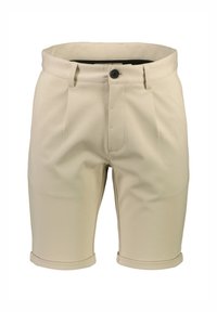 Beige shorts with a tailored design, featuring a button closure, pleats, cuffed hems, and smooth fabric texture.