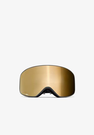 Skibrille mit einer breiten, gebogenen goldenen Linse, schwarzem Rahmen und weicher schwarzer Polsterung am unteren Rand, die für einen sicheren Sitz sorgt.