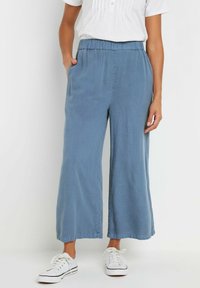 Lichtblauwe wijde broeken met een elastische tailleband, zijzakken en een zachte textuur. Gecombineerd met witte sneakers tegen een neutrale achtergrond.