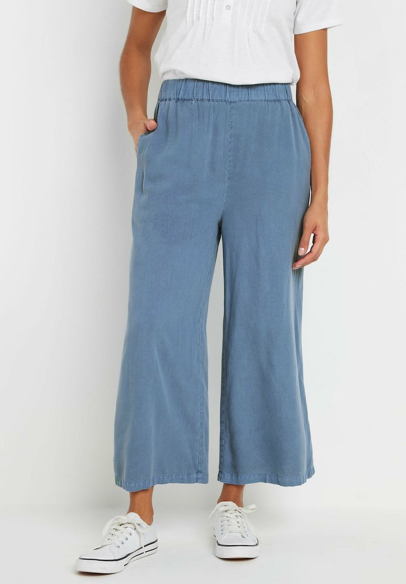 Lichtblauwe wijde broeken met een elastische tailleband, zijzakken en een zachte textuur. Gecombineerd met witte sneakers tegen een neutrale achtergrond.