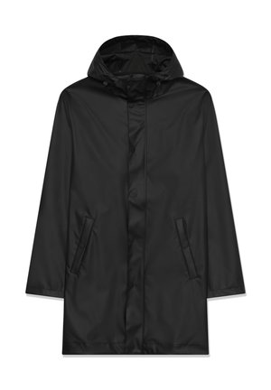 Schwarze wasserdichte Regenjacke mit Kapuze, Druckknopfverschluss, zwei seitlichen Taschen und einer glatten, leichten Textur.