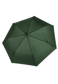 Parapluie en tissu vert avec huit branches, un sommet rond et un bouton noir pour l'ouverture. Texture lisse et couleur uniforme, sans motifs ni accents visibles.