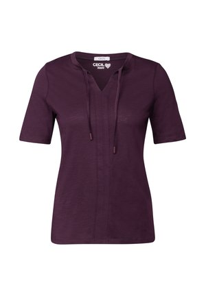Purple short-sleeve top with a V-neckline, drawstring detail, and a relaxed fit. Made from soft fabric with a subtle texture.