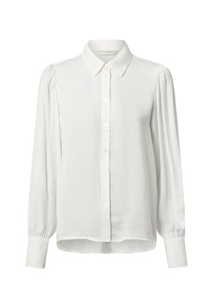 Weiße Langarmbluse mit durchgehender Knopfleiste, spitzem Kragen, leichten Raffen an den Schultern und breiten Manschetten mit Knöpfen.