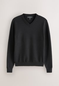 Fekete V-nyakú pulóver puha kötött anyagból. Hosszú ujjak, bordázott mandzsetták és szegély jellemzik, kényelmes, laza szabással.