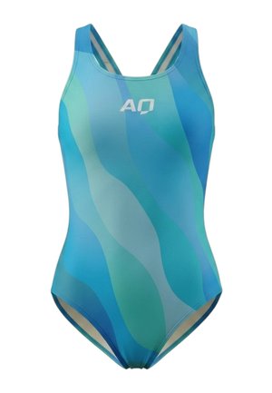 Costume intero con motivo ondulato blu e verde, logo AQ sul petto e sottili bretelle incrociate nella schiena.
