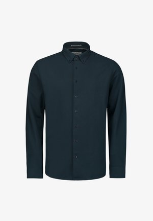 Long-sleeve dark navy button-up shirt made of smooth fabric, featuring a classic collar and distinct button placket with dark buttons.