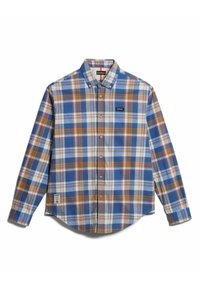 Camisa de manga larga con botones, de patrón a cuadros en azul, naranja y blanco, con cuello y etiquetas de la marca visibles en el pecho y el dobladillo.