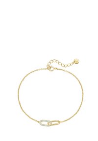 Kullanışlı bir klips detayıyla birlikte, kristal ta şlarla süslenmiş ortada bir halka bulunan kağıt klipsi tasarımlı altın bilezik.