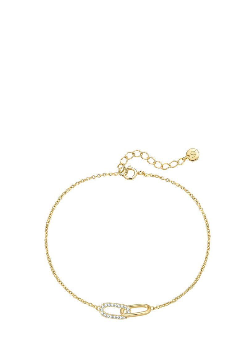 Kullanışlı bir klips detayıyla birlikte, kristal taşlarla süslenmiş ortada bir halka bulunan kağıt klipsi tasarımlı altın bilezik.