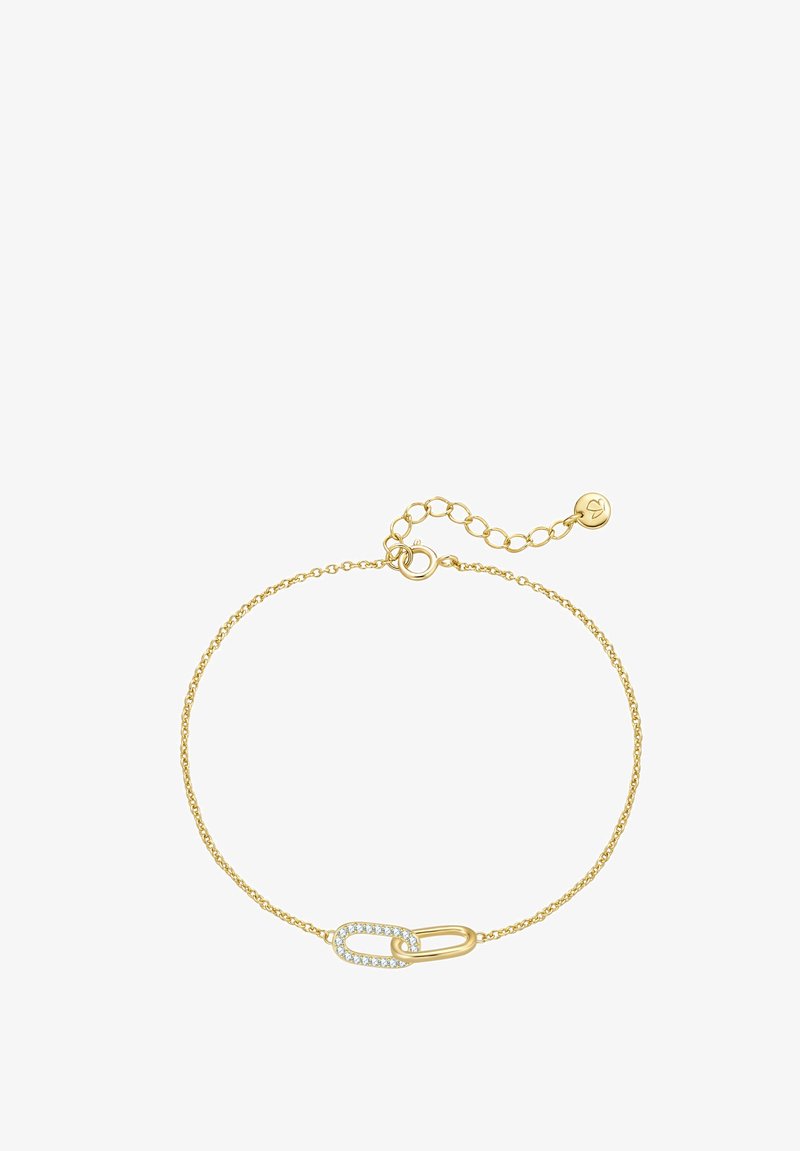 Bracelet en chaîne dorée avec un design de trombone, dotée d'un maillon central orné de cristaux et d'un détail de fermoir ajustable.