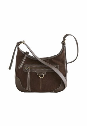 Sac épaule en velours côtelé marron avec des coutures crème, forme rectangulaire, bandoulière réglable, poche zippée à l'avant et accents en laiton.
