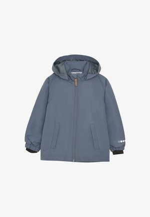 Grå hættejakke med frontlynlås, to påsyede lommer, elastiske manchetter og kontrasterende sorte detaljer ved ærmerne. Glat tekstur.