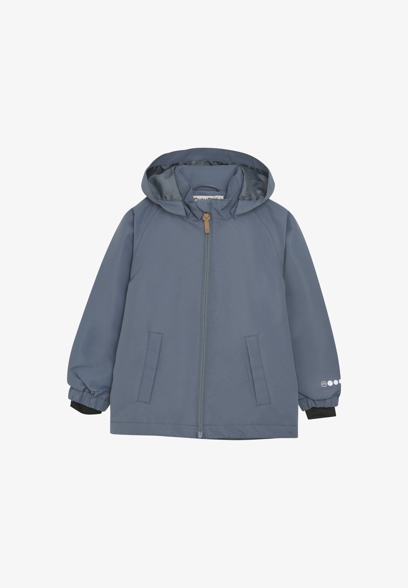 Grå hættejakke med frontlynlås, to påsyede lommer, elastiske manchetter og kontrasterende sorte detaljer ved ærmerne. Glat tekstur.