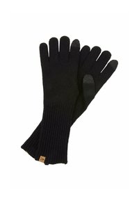 Schwarze gestrickte Handschuhe mit gerippter Struktur, verfügen über fünf Finger und kontrastierende graue Spitzen am Daumen und Zeigefinger. Enthält ein kleines Logotag.