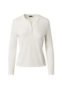 Top bianco a maniche lunghe con costine, dotato di scollatura henley, caratterizzato da una chiusura frontale con bottoni e un sottile dettaglio del logo nell'orlo.