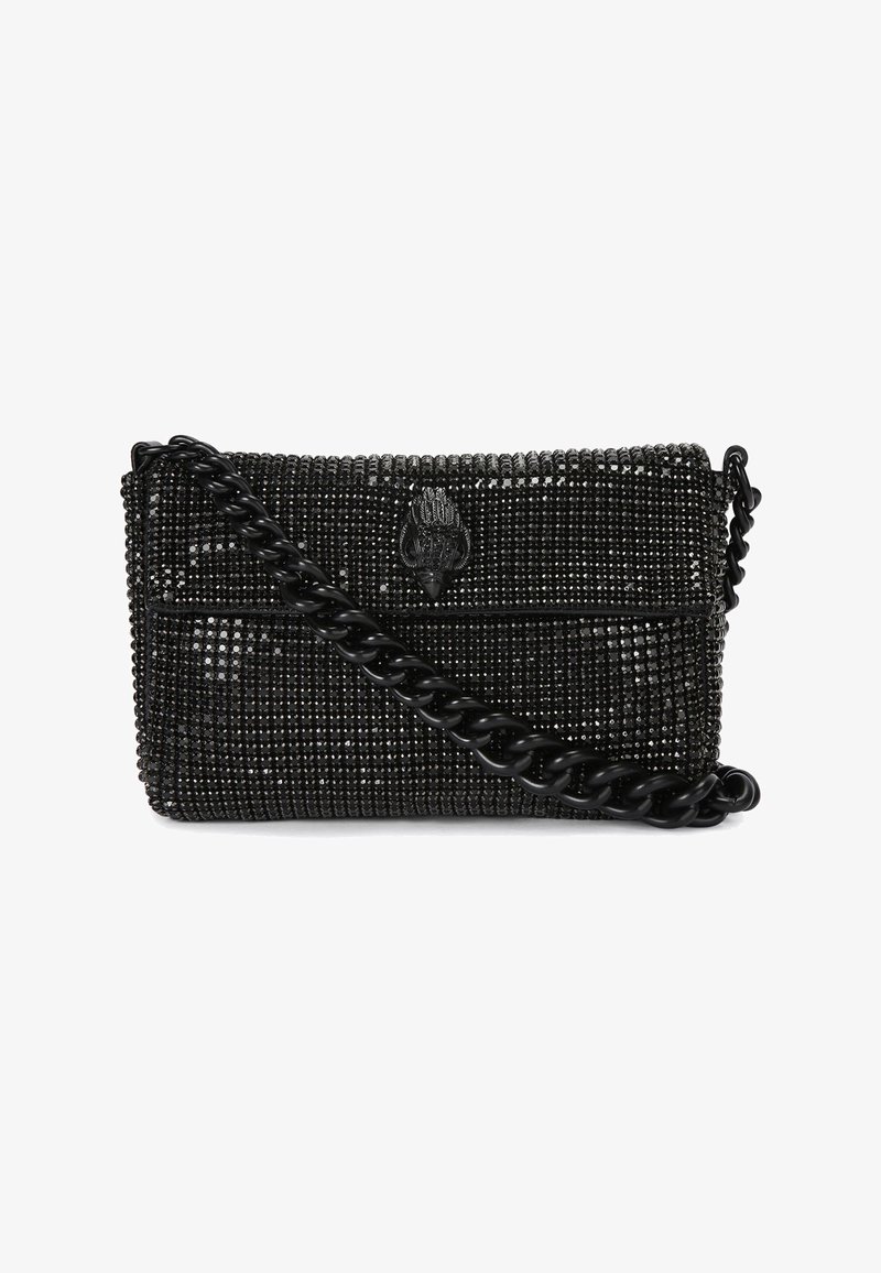 Black handbag with a beaded design, featuring a textured surface, a prominent logo on the front, and a thick chain strap for carrying.