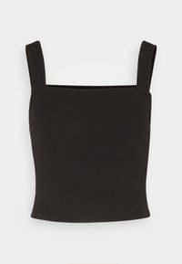 Svart crop top i stretchmaterial med fyrkantig ringning och breda axelremmar. Designen har en figursydd siluett och en slät textur.