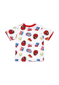 Biała koszulka dla małego dziecka z krótkim rękawem i czerwonym wykończeniem, z czerwonymi maskami Spider-Mana oraz kolorowym tekstem i grafikami w stylu komiksowym.