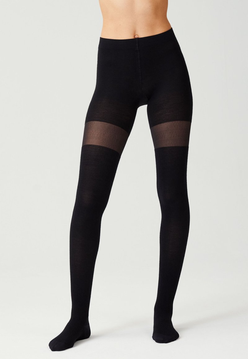 Collant neri opachi con pannelli in rete trasparente all'altezza della coscia, texture liscia, design a lunghezza completa e vita elastica per il comfort.