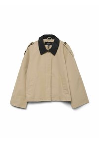 Beige jakke med sort krave, udstyret med en frontlynlås, sidelommer og skulderknapper. Glat stof med en afslappet pasform.
